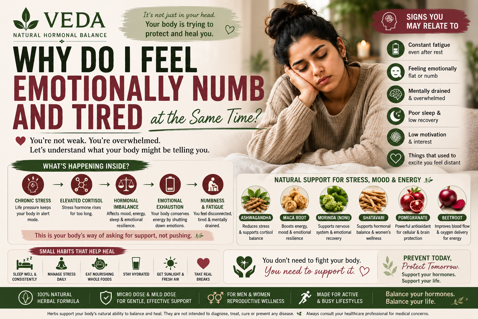 Woman looking emotionally numb and tired, symbolizing emotional exhaustion