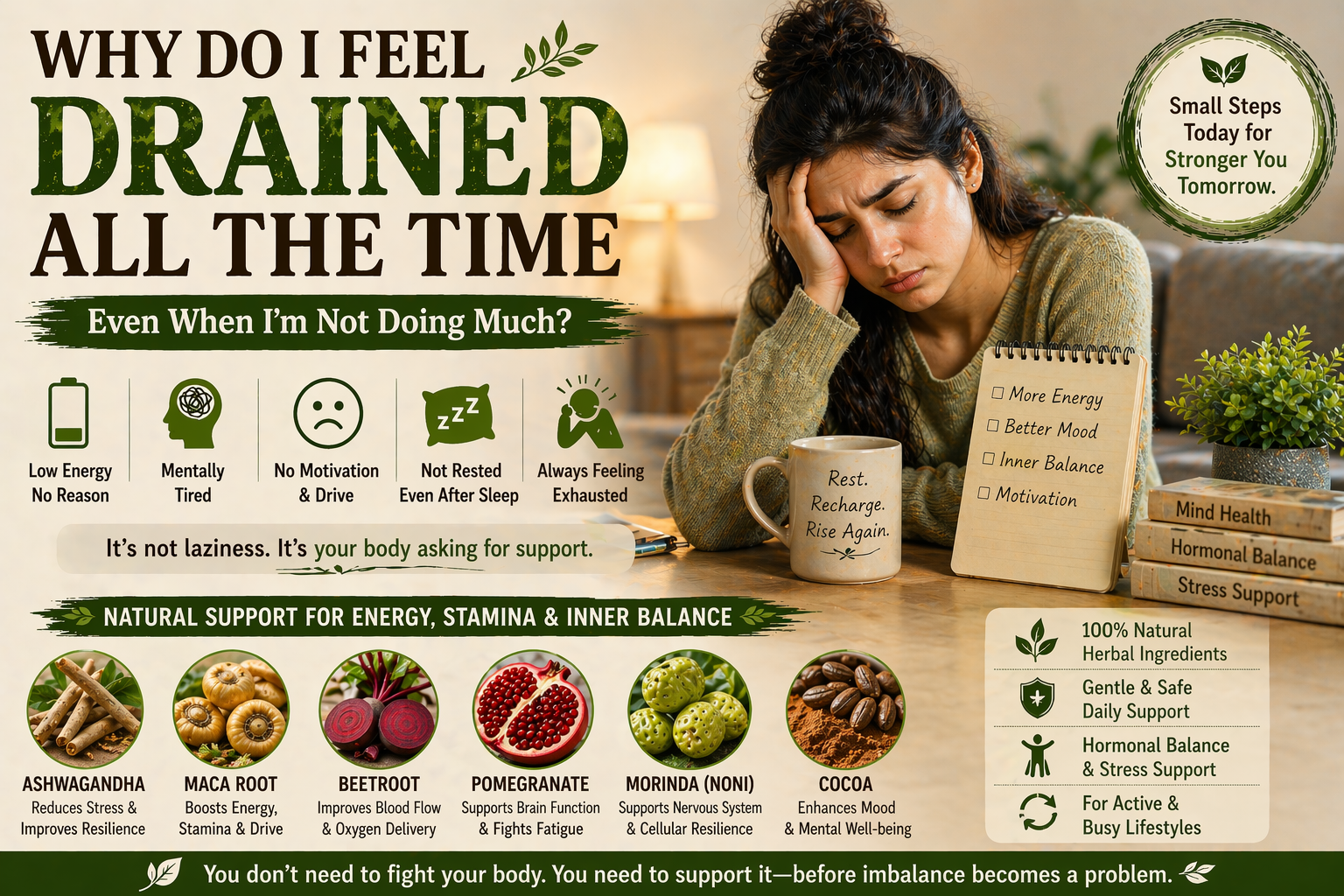 Woman feeling exhausted and drained while working on laptop, symbolizing fatigue without heavy activity