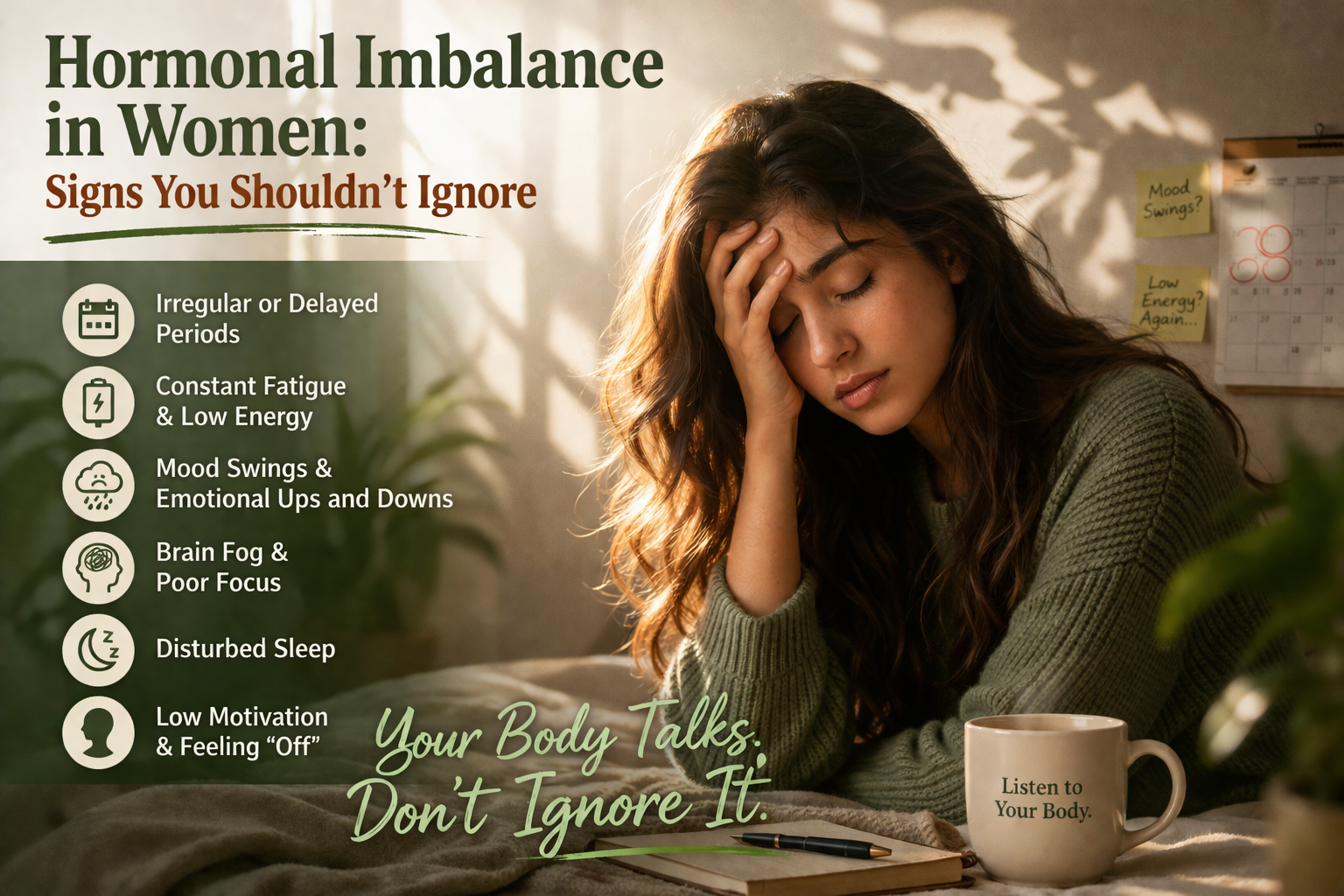 Woman experiencing hormonal imbalance symptoms, feeling tired and out of sync