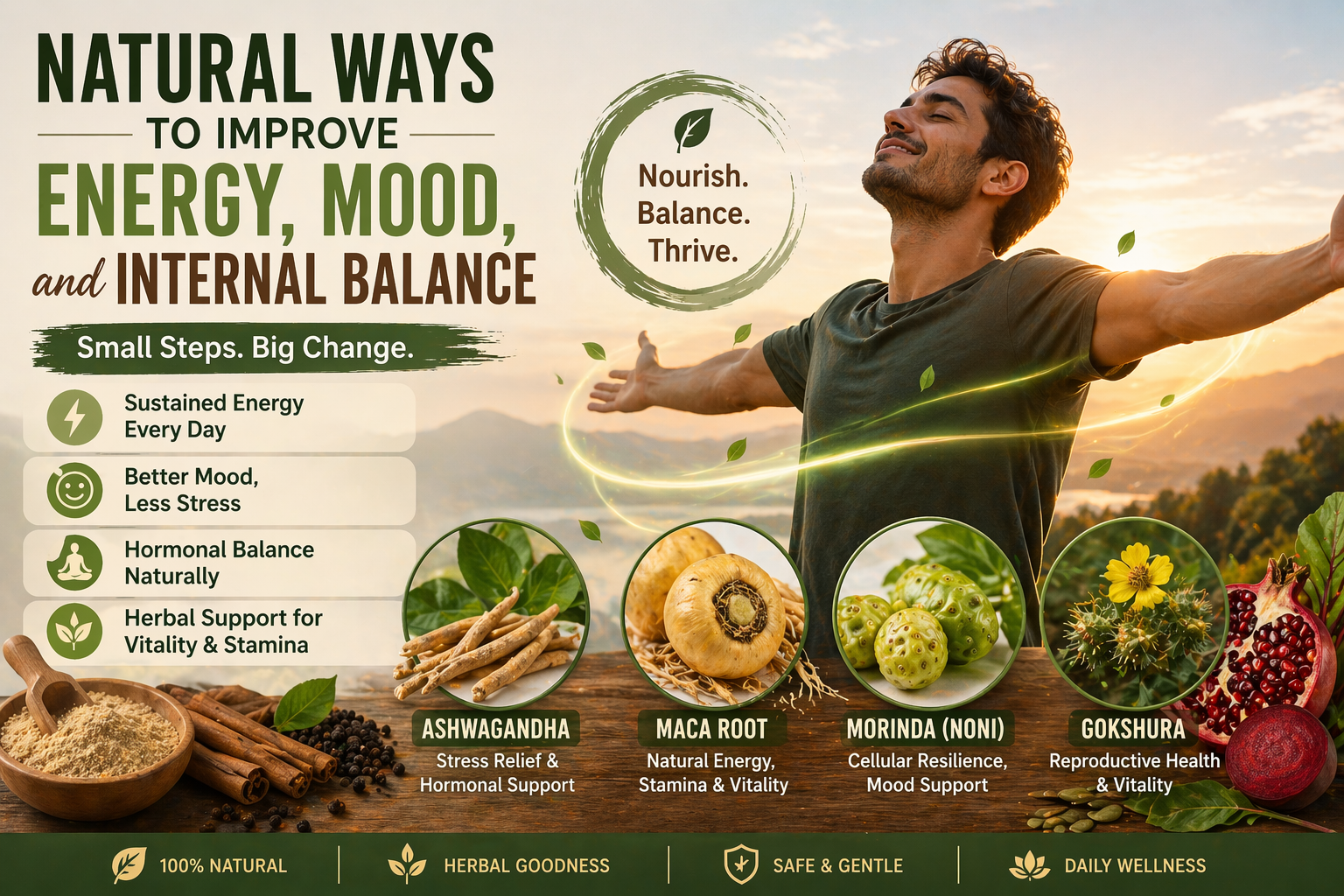 Woman feeling refreshed and balanced, symbolizing natural energy and mood improvement