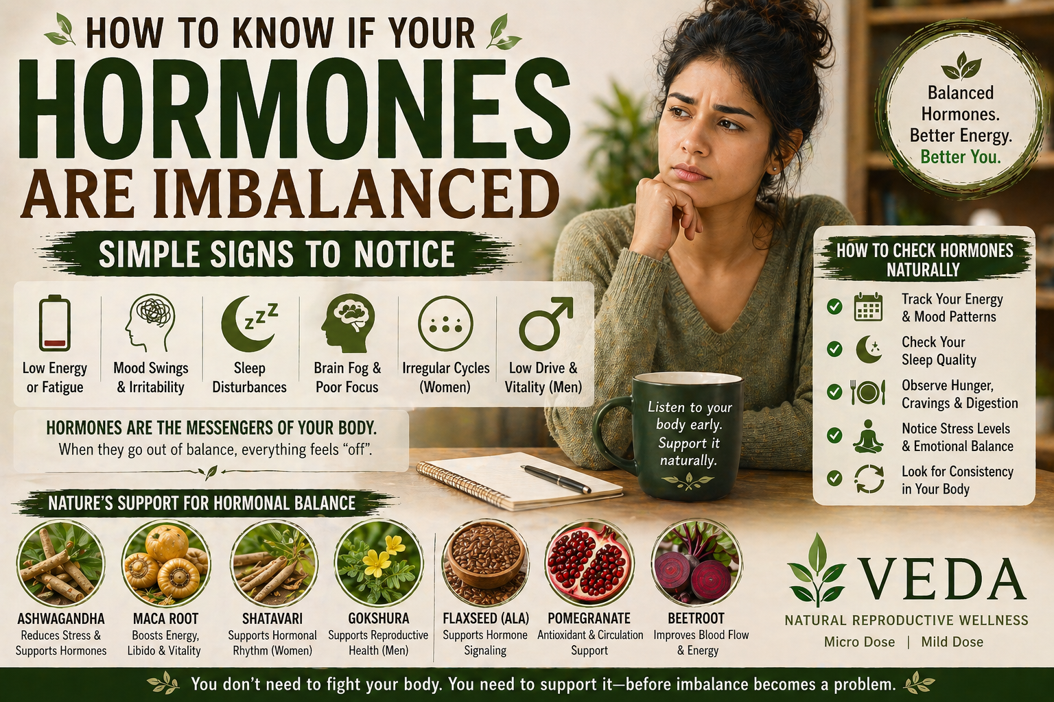 Woman touching her forehead looking pensive, symbolic of hormonal imbalance signs