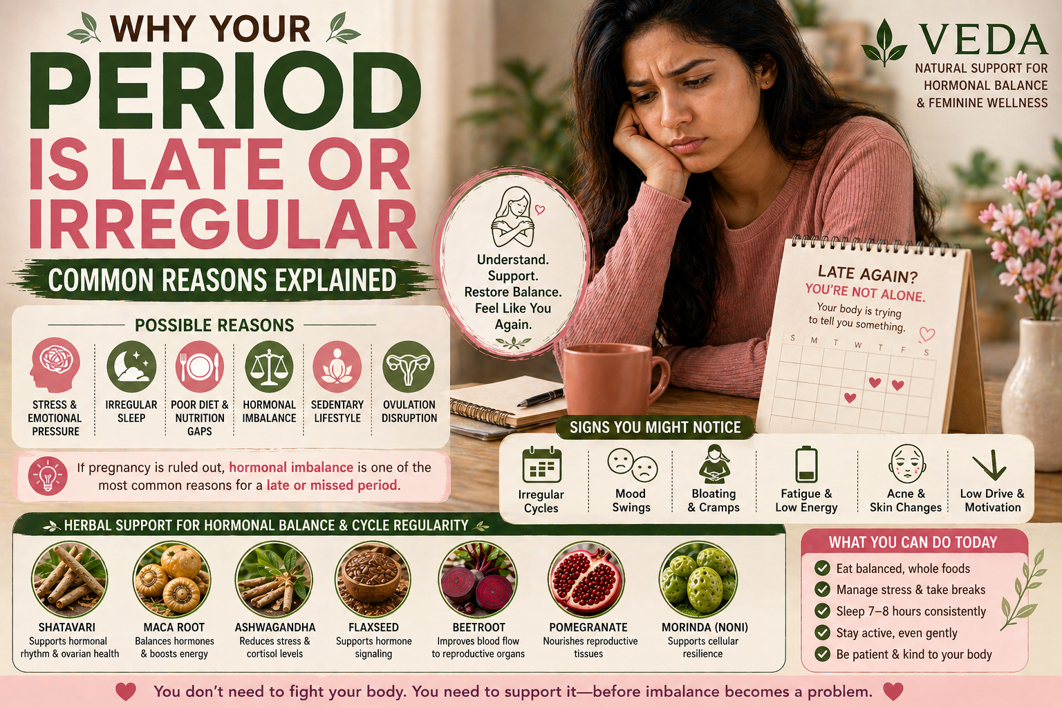 Woman touching her forehead looking pensive, symbolic of hormonal imbalance signs