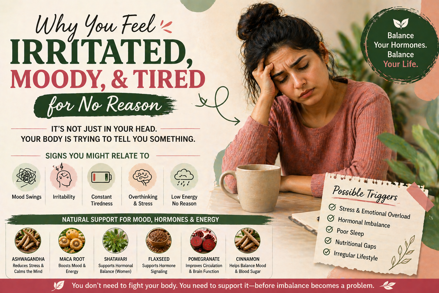 Woman holding her head looking stressed and moody, symbolizing irritability and fatigue