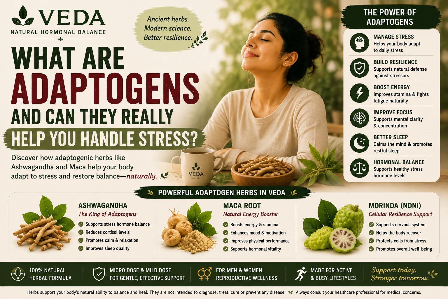 Ashwagandha root and adaptogenic herbs, symbolizing natural stress resilience
