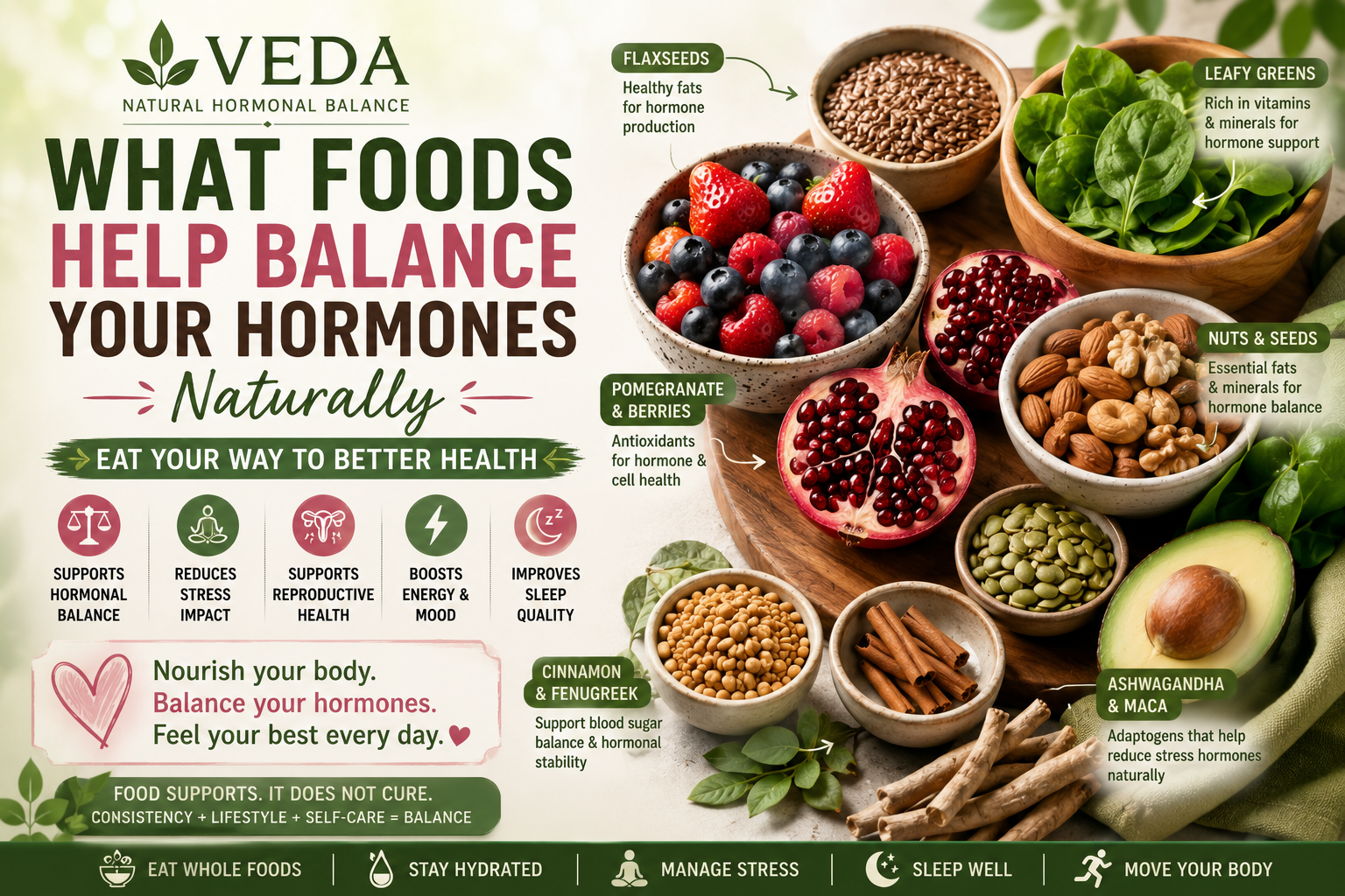 Healthy foods like nuts, seeds, avocado, berries supporting hormonal balance