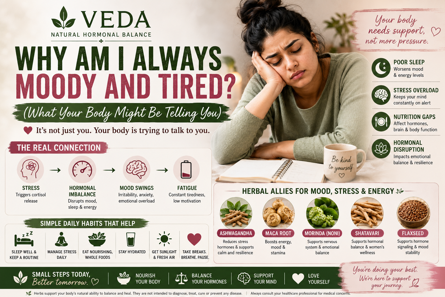 Woman holding her head looking tired and moody, symbolizing emotional exhaustion