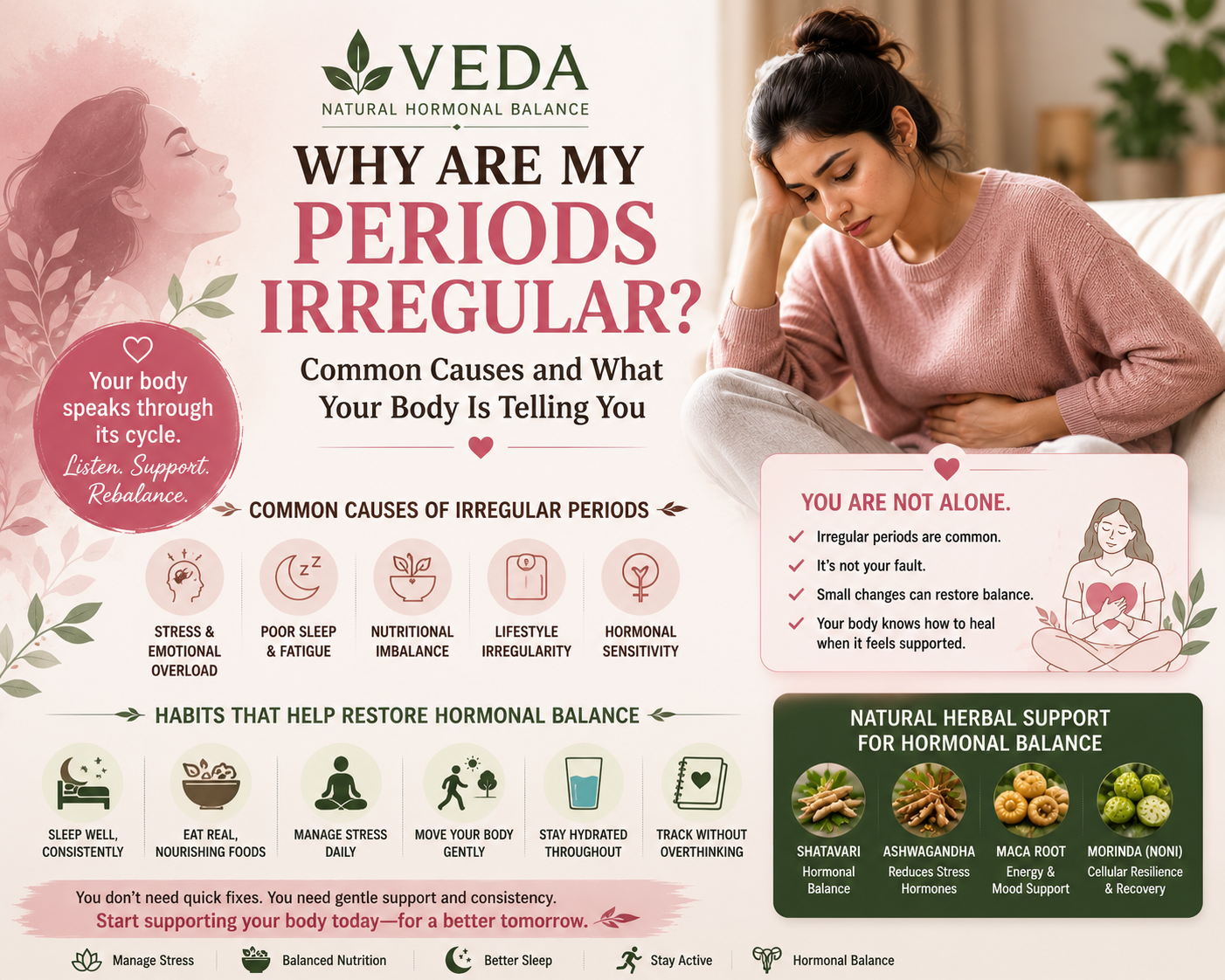 Woman looking at calendar with red circle, symbolizing irregular periods