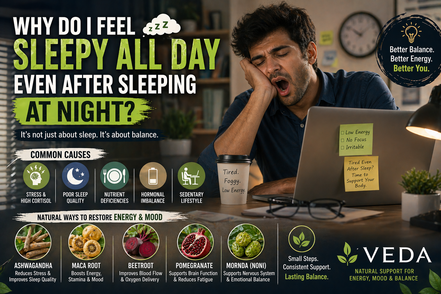 Woman feeling sleepy during the day despite sleeping at night, symbolizing daytime fatigue